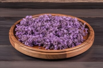 Obraz na płótnie Canvas rustic wooden table adorned with a vibrant arrangement of purple flowers in a wooden bowl Generative AI