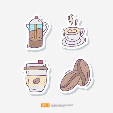 Coffee or Tea Kettle Jug, Cup, Take Away Paper Cup, and Coffee Bean. Doodle Sticker Icon Set. Cafe Concept Vector Illustration