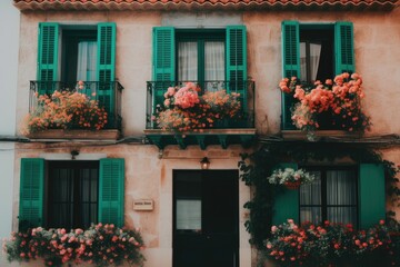 Fototapeta na wymiar charming building with green shutters and blooming balconies Generative AI