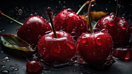 cherry fruits hit by splashes of water with black background and blur