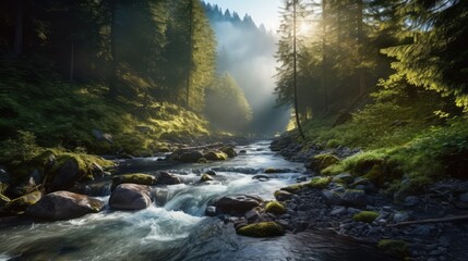Fototapeta premium Forest Landscape With Sunrise Morning Foggy Weather Generated AI