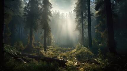 Fototapeta na wymiar Forest Landscape With Sunrise Morning Foggy Weather Generated AI