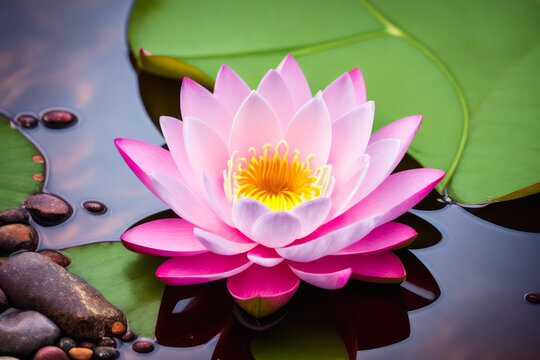 Macro photo of Lotus flower floating in the water. Wildlife concept of ecological environment. Generative AI