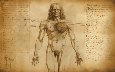Fototapeta na wymiar Vitruvian Man. The Modern Transformation. Da Vinci's Vitruvian Man. Leonardo da Vinci. Italian Renaissance. Structure geometry anatomy model of human perfection, the body. Generative AI