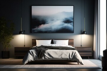 A modern bedroom interior mockup with an empty wall frame for art or print display. Generative AI