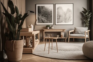 A modern frame in a neutral wooden living room with home decor and a dried plant. 3d rendered image. Generative AI