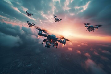 AI generated art of drones in sky for business and delivery industry. Generative AI