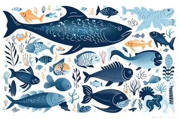 Obraz premium Marine wildlife in rows and columns illustration in blue pastel tone using generative AI