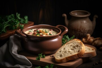 Classic clam chowder topped with bacon, parsley and served with toasted bread. Generative AI