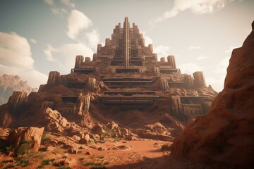 Witness the intricate Mars community with pyramid-like building, portrayed in Unreal Engine 5 through a wide angle with stunning graded background. Generative AI