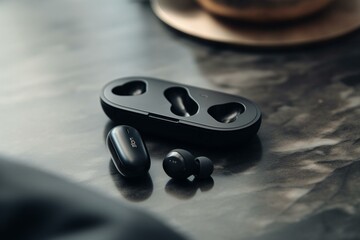 Naklejka na ściany i meble Sleek wireless earbuds with charging case and smartphone on stone table background. Compatible with smartphone and tablet. Generative AI