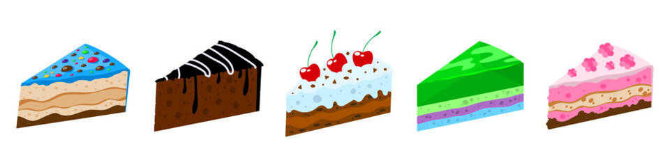 Cartoon slice of cake set. Various sweet cake pieces illustration. Piece of cake in flat style. Cake for design, food apps and websites. Vector EPS 10