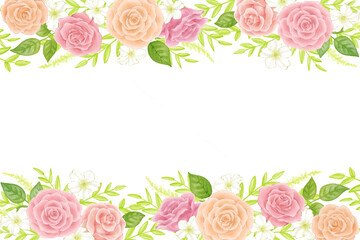 Top and bottom frames of pale pink and orange roses painted with digital watercolor