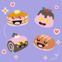 Obraz premium Set of kawaii food freshly baked bread with cute smiley face. Flat vector design
