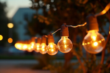 Festive Edison bulb garland illuminates city streets, generative AI