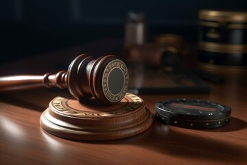 A wooden gavel beside a roulette with a casino theme, rendered in 3D. Generative AI
