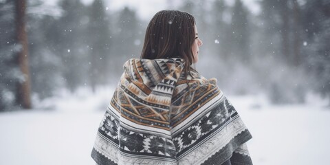 Girl wearing a nordic poncho is enjoying the winter atmosphere, winter woods landscape outside - obrazy, fototapety, plakaty