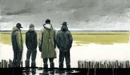 AI-generated illustration of people in relationship to the weather: farmers and rain. MidJourney.