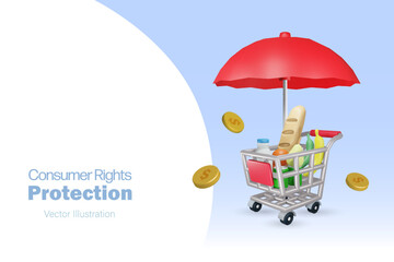 Consumer rights protection. Grocery foods in shopping cart under protection from red umbrella. Grocery shopping and online customer rights protection concept.