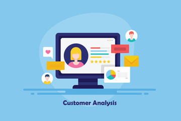 Customer information and data on CRM dashboard, business managing client profile segmentation, messages and personalized approach to customer. Vector illustration web banner.