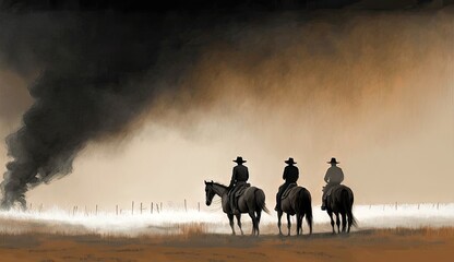 AI-generated illustration of people in relationship to the weather: Ranchers on horseback observing a wildfire on their ranchland. MidJourney.