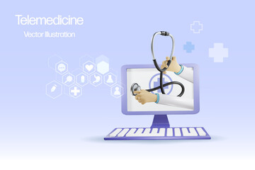 Telemedicine, online medical mobile app. Doctor hand hold stethoscope on computer online diagnosis patient health problem. Medical and health care service at home wireless technology.  - obrazy, fototapety, plakaty