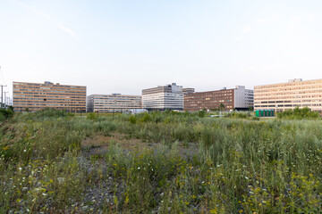 Fototapeta na wymiar vue sur un terrain vague dans un quartier industriel avec des bâtiments à étages en arrière plan
