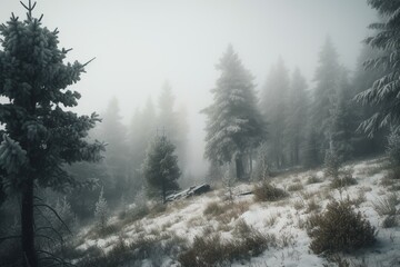 Fototapeta na wymiar Misty pine forest with snow-covered pines. Generative AI
