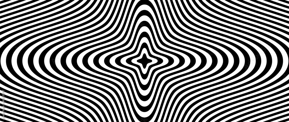 Aufkleber optical illusion background. black and white abstract distorted concentric lines surface. poster des