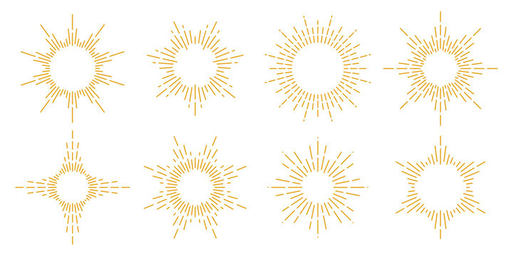 Golden sunburst frames collection. Retro gold sun light rays pack. Vintage radial rays, sunbeams, firework or explosion for emblem, logo, tag, stamp, banner, sticker. Vector design elements 