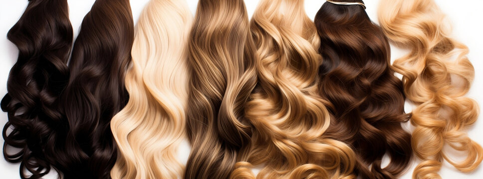 Varied long wavy hairstyles with hair care products on white background, generative AI