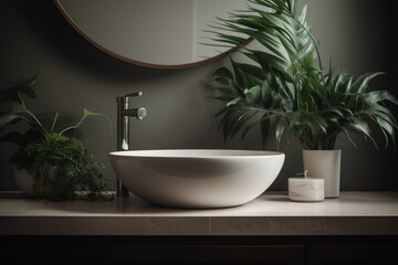 Naklejka na ściany i meble Minimalistic bathroom sink with tropical plant accessories. Great for decor, postcards or posters. Generative AI