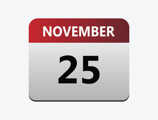 25th November calendar icon. Calendar template for the days of December. vector illustrator.