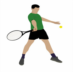 Tennis player in action. Solid background, tennis, sport, player, silhouette, racket, ball, game, athlete, play, vector, badminton, man, illustration, competition, people, sports, playing