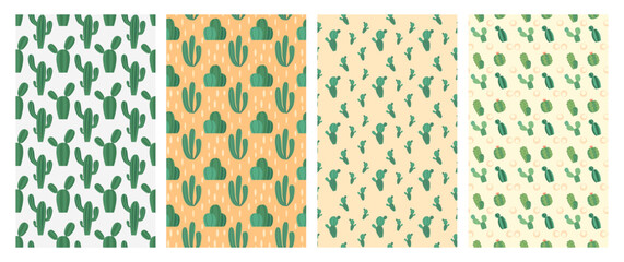 Set of Cute seamless cactus pattern. Repeating hand drawn background in the bohemian style. Trendy vector design