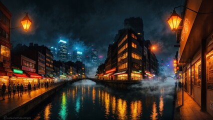 a body of water with buildings along it and people walking on the side. Ai llustration.  digital painting. Artificial Intelligence Artwork