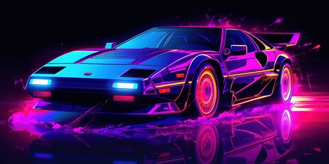 Obraz na płótnie Canvas Aesthetic car synthwave wallpaper with a cool and vibrant neon design, Generative AI