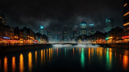 Fototapeta na wymiar a city skyline at night. Ai llustration. digital painting. Artificial Intelligence Artwork