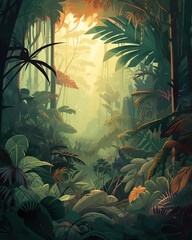 A colorful sunny image of a jungle scene in an illustrative style. Created with Generative AI.