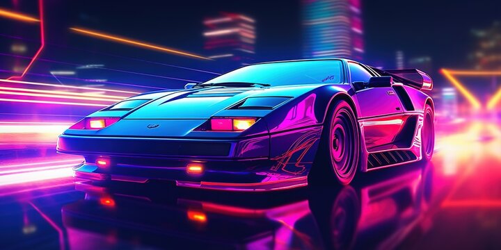 Aesthetic car synthwave wallpaper with a cool and vibrant neon design, Generative AI