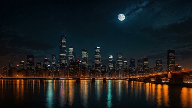 a city skyline at night. Ai llustration.  digital painting. Artificial Intelligence Artwork