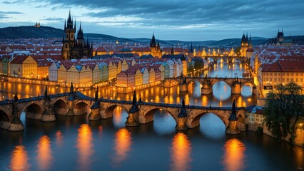 Fototapeta premium a bridge over a river with a city in the background. Ai llustration. fantasy digital painting. Artificial Intelligence Artwork