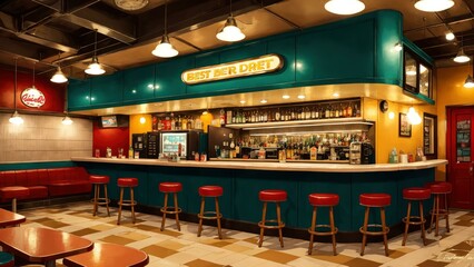 a bar with stools and a counter. Ai llustration. fantasy digital painting. Artificial Intelligence Artwork