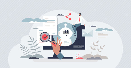 AI generated content with creative text generation tiny person concept. Artificial intelligence creation with automatic machine work vector illustration. Technology development for writing algorithm.