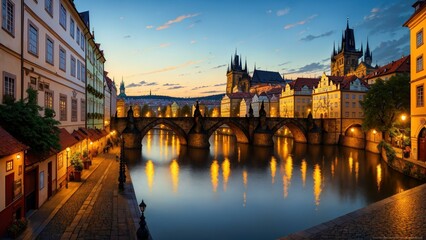 Fototapeta premium a bridge over a river in a city. Ai llustration. fantasy digital painting. Artificial Intelligence Artwork