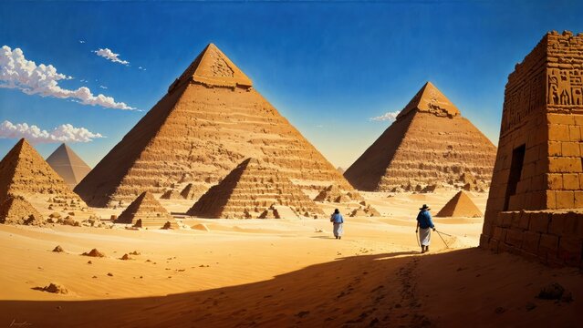 people walking in a desert with Giza pyramid complex in the background. Ai llustration. fantasy digital painting. Artificial Intelligence Artwork