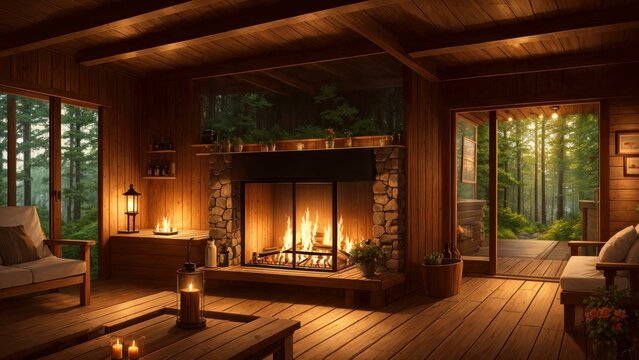 a room with a fireplace and a wood floor. Ai llustration. fantasy digital painting. Artificial Intelligence Artwork