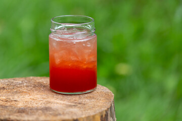 vue d'un verre au liquide rouge avec glace déposé sur une buche de bois fraîchement coupée