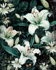 An image of beautiful white lilies blooming in a lush floral scene. Created by Generative AI. 