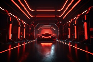 Empty red neon stage in futuristic sci-fi setting. 3D rendered. Generative AI